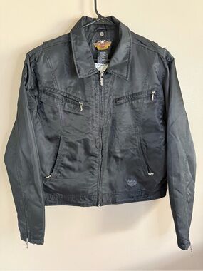 Vtg Harley-Davidson Black Nylon Motorcycle Jacket Embroidered Back Women's XL